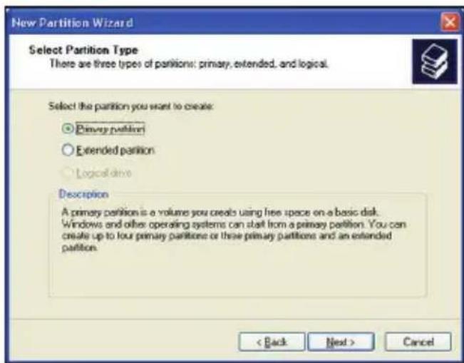 New Partition Wizard Select Partition Type There are three types of partitions: primary, extended, and logical. Select the partition you want to create: ○ Primary partition ○ Extended partition ○ Logical drive Description A primary partition is a volume you creates using free space on a basic disk. Windows and other operating systems can start from a primary partition. You can create up to four primary partitions or these primary partitions and an extended partition. < Back Next > Cancel