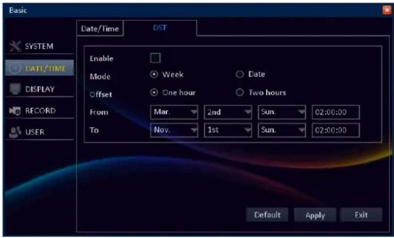 Basic Date/Time DST Enable Mode Offset Week One hour Date Two hours From Mar. 2nd Sun. 02:00:00 To Nov. 1st Sun. 02:00:00 Default Apply Exit