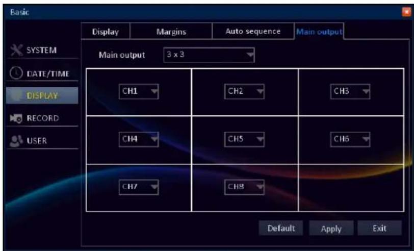Basic Display Margins Auto sequence Main output SYSTEM DATE/TIME DISPLAY RECORD USER Main output 3 x 3 CH1 CH2 CH3 CH4 CH5 CH6 CH7 CH8 Default Apply Exit