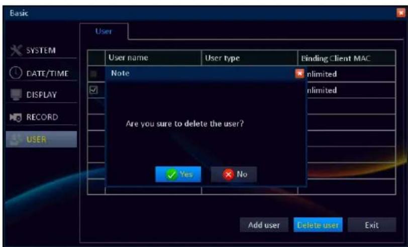 Basic User User name User type Binding Client MAC Note Anlimited Anlimited Are you sure to delete the user? ✓ Yes ✓ No Add user Delete user Exit