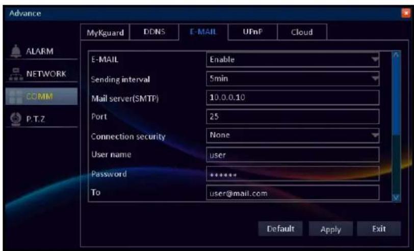 Advance MyKguard DDNS E-MAIL UFnP Cloud E-MAIL Enable Sending interval 5min Mail server(SMTP) 10.0.0.10 Port 25 Connection security None User nameicer Password ***** Toicer@mail.com Default Apply Exit