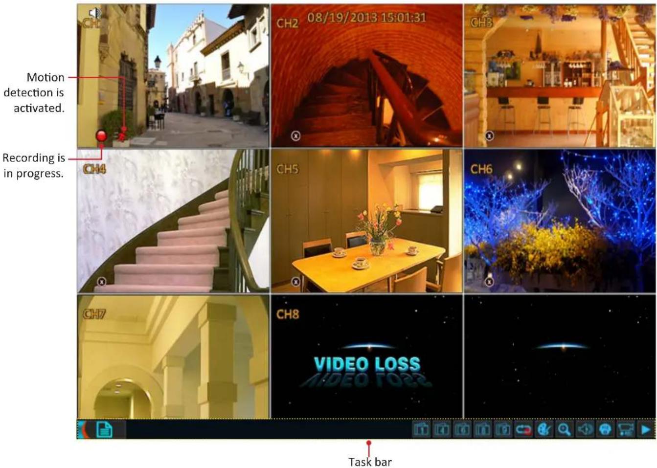 Motion detection is activated. Recording is in progress. CH2 08/19/2013 15:01:31 CH3 CH4 CH5 CH6 CH7 CH8 VIDEO LOSS VIDEO TOZZ Task bar
