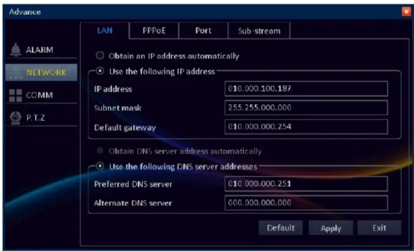 Advance LAN PPPoE Port Sub-stream O Obtain an IP address automatically Use the following IP address IP address 010.000.100.187 Subnet mask 255.255.000.000 Default gateway 010.000.000.254 Obtain DNS server address automatically Use the following DNS server addresses Preferred DNS server 010.000.000.251 Alternate DNS server 000.000.000.000 Default Apply Exit
