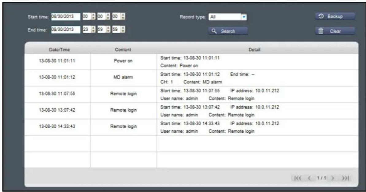 Start time: 08/30/2013 00 00 00 Record type: All Backup End time: 08/30/2013 23 59 59 Search Clear Date/Time Content Detail 13-08-30 11:01:11 Power on Start time: 13-08-30 11:01:11 Content: Power on 13-08-30 11:01:12 MD alarm Start time: 13-08-30 11:01:12 End time: -- CH: 1 Content: MD alarm 13-08-30 11:07:55 Remote login Start time: 13-08-30 11:07:55 IP address: 10.0.11.212 User name: admin Content: Remote login 13-08-30 13:07:42 Remote login Start time: 13-08-30 13:07:42 IP address: 10.0.11.212 User name: admin Content: Remote login 13-08-30 14:33:43 Remote login Start time: 13-08-30 14:33:43 IP address: 10.0.11.212 User name: admin Content: Remote login |<< < 1/1 > >>|