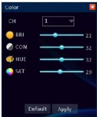 Color CH 1 BRI 22 CON 32 HUE 32 SAT 29 Default Apply