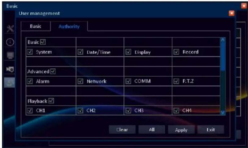 Basic User management Basic Authority Basic ✓ System ✓ Date/Time ✓ Display ✓ Record Advanced ✓ Alarm ✓ Network ✓ COMM ✓ P.T.Z Playback ✓ CH1 ✓ CH2 ✓ CH3 ✓ CH4 Clear All Apply Exit