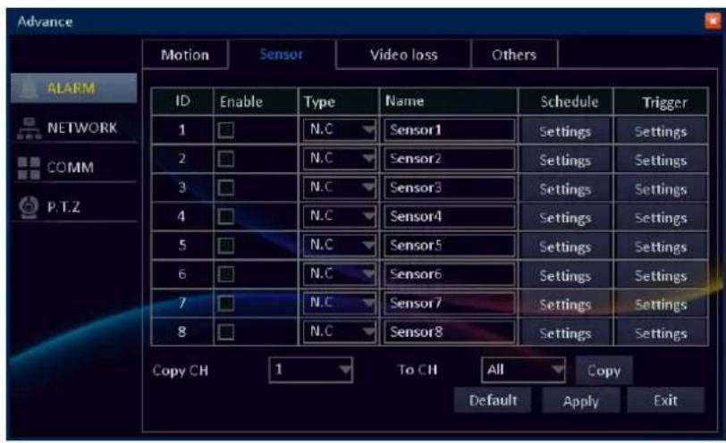 Advance Motion Sensor Video loss Others ID Enable Type Name Schedule Trigger 1 N.C Sensor1 Settings Settings 2 N.C Sensor2 Settings Settings 3 N.C Sensor3 Settings Settings 4 N.C Sensor4 Settings Settings 5 N.C Sensor5 Settings Settings 6 N.C Sensor6 Settings Settings 7 N.C Sensor7 Settings Settings 8 N.C Sensor8 Settings Settings Copy CH 1 To CH All Copy Default Apply Exit