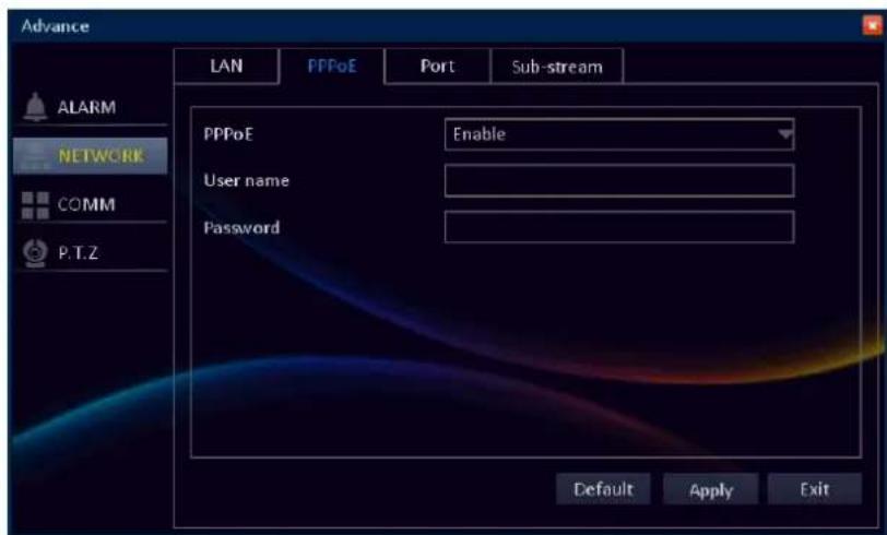 Advance LAN PPPoE Port Sub-stream ALARM NETWORK COMM P.T.Z PPPoE Enable User name Password Default Apply Exit