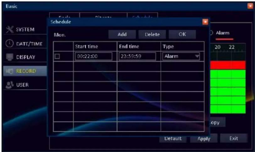 Basic Schedule Mon. Add Delete OK Start time End time Type 00:22:00 23:59:59 Alarm Record USER Default Apply Exit Alarm 20 22