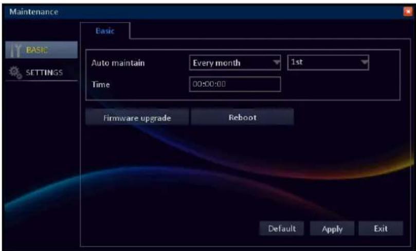 Maintenance Basic BASIC SETTINGS Auto maintain Every month 1st Time 00:00:00 Firmware upgrade Reboot Default Apply Exit