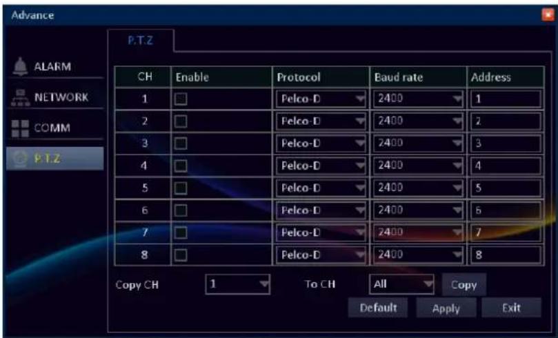 Advance P.T.Z ALARM NETWORK COMM P.T.Z CH Enable Protocol Baud rate Address 1 □ Felco-D 2400 1 2 □ Felco-D 2400 2 3 □ Felco-D 2400 3 4 □ Felco-D 2400 4 5 □ Felco-D 2400 5 6 □ Felco-D 2400 6 7 □ Felco-D 2400 7 8 □ Felco-D 2400 8 Copy CH 1 To CH All Copy Default Apply Exit