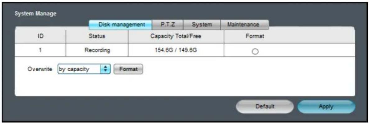 System Manage Disk management P.T.Z System Maintenance ID Status Capacity Total/Free Format 1 Recording 154.6G / 149.6G ○ Overwrite by capacity Format Default Apply
