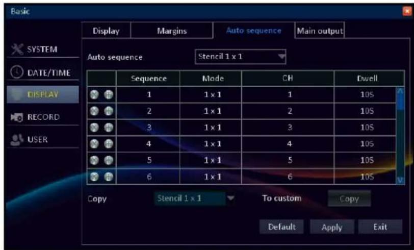 Basic Display Margins Auto sequence Main output SYSTEM DATE/TIME DISPLAY RECORD USER Auto sequence Stencil 1 x 1 Sequence Mode CH Dwell 1 1 x 1 1 10S 2 1 x 1 2 10S 3 1 x 1 3 10S 4 1 x 1 4 10S 5 1 x 1 5 10S 6 1 x 1 6 10S Copy Stencil 1 x 1 To custom Copy Default Apply Exit