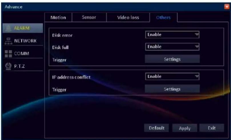 Advance Motion Sensor Video loss Others ALARM NETWORK COMM P.T.Z Disk error Enable Disk full Enable Trigger Settings IF address conflict Enable Trigger Settings Default Apply Exit