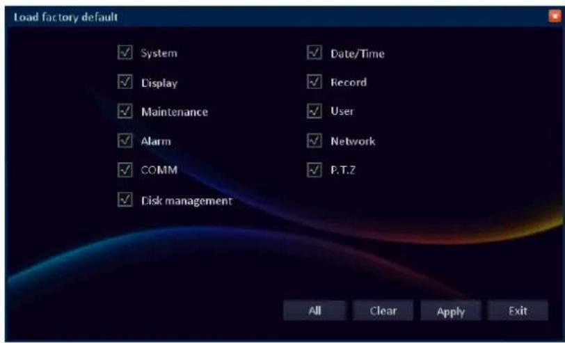 Load factory default ✓ System ✓ Display ✓ Maintenance ✓ Alarm ✓ COMM ✓ Disk management ✓ Date/Time ✓ Record ✓ User ✓ Network ✓ P.T.7 All Clear Apply Exit