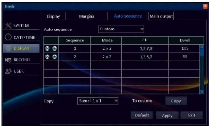 Basic Display Margins Auto sequence Main output SYSTEM DATE/TIME DISPLAY Custom Sequence Mode CH Dwell 1 2 x 2 1,2,7,8 10S 2 2 x 2 1,3,5,7 3S Copy Stencil 1 x 1 To custom Copy Default Apply Exit