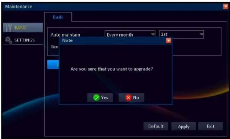 Maintenance Basic BASIC SETTINGS Auto maintain Every month 1st Note Are you sure that you want to upgrade? ✓ Yes ✓ No Default Apply Exit