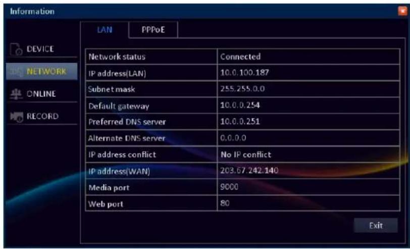 Information LAN PPPoE DEVICE NETWORK ONLINE RECORD Network status Connected IP address(LAN) 10.0.100.187 Subnet mask 255.255.0.0 Default gateway 10.0.0.254 Preferred DNS server 10.0.0.251 Alternate DNS server 0.0.0.0 IP address conflict No IP conflict IP address(WAN) 203.67.242.140 Media port 9000 Web port 80 Exit