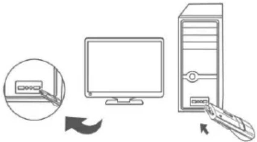 Diagram illustrating computer setup with monitor, tower, and mouse, showing a zoomed-in view of the screen.