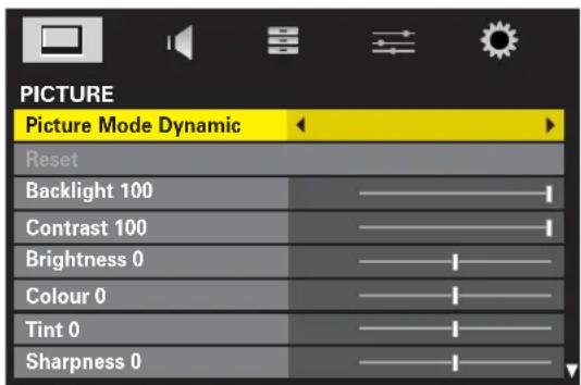 PICTURE Picture Mode Dynamic Reset Backlight 100 Contrast 100 Brightness 0 Colour 0 Tint 0 Sharpness 0