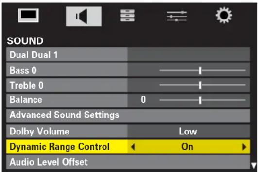 SOUND Dual Dual 1 Bass 0 Treble 0 Balance 0 Advanced Sound Settings Dolby Volume Low Dynamic Range Control On Audio Level Offset