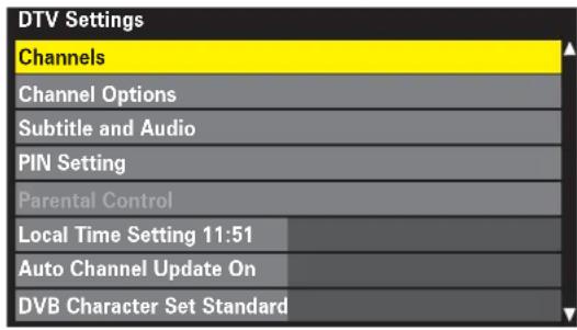 DTV Settings Channels Channel Options Subtitle and Audio PIN Setting Parental Control Local Time Setting 11:51 Auto Channel Update On DVB Character Set Standard