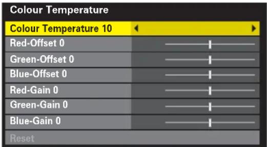 Colour Temperature Colour Temperature 10 Red-Offset 0 Green-Offset 0 Blue-Offset 0 Red-Gain 0 Green-Gain 0 Blue-Gain 0 Reset