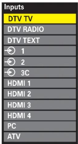 Inputs DTV TV DTV RADIO DTV TEXT 1 2 3C HDMI 1 HDMI 2 HDMI 3 HDMI 4 PC ATV