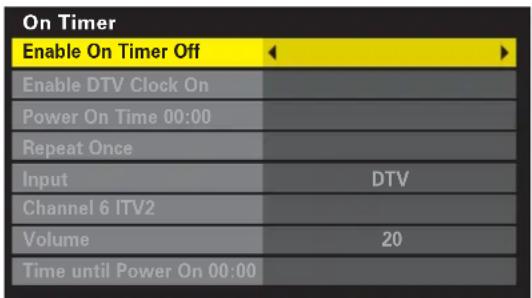 On Timer Enable On Timer Off Enable DTV Clock On Power On Time 00:00 Repeat Once Input DTV Channel 6 ITV2 Volume 20 Time until Power On 00:00
