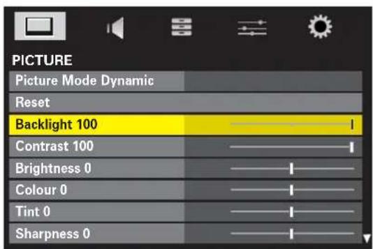 PICTURE Picture Mode Dynamic Reset Backlight 100 Contrast 100 Brightness 0 Colour 0 Tint 0 Sharpness 0