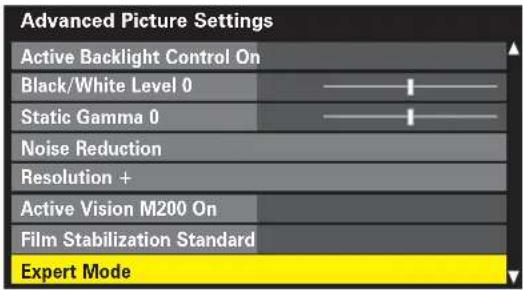 Advanced Picture Settings Active Backlight Control On Black/White Level 0 Static Gamma 0 Noise Reduction Resolution + Active Vision M200 On Film Stabilization Standard Expert Mode