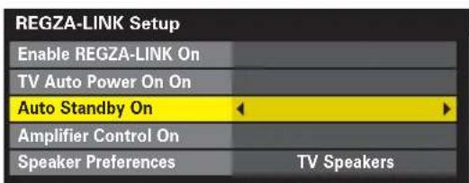 REGZA-LINK Setup Enable REGZA-LINK On TV Auto Power On On Auto Standby On Amplifier Control On Speaker Preferences TV Speakers