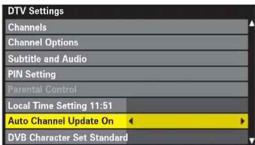 DTV Settings Channels Channel Options Subtitle and Audio PIN Setting Parental Control Local Time Setting 11:51 Auto Channel Update On DVB Character Set Standard