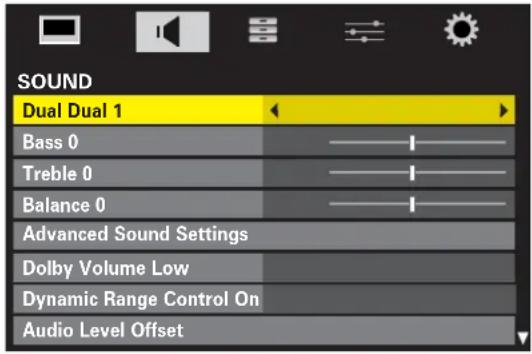 SOUND Dual Dual 1 Bass 0 Treble 0 Balance 0 Advanced Sound Settings Dolby Volume Low Dynamic Range Control On Audio Level Offset