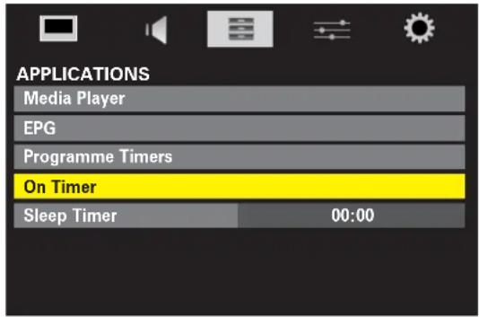 APPLICATIONS Media Player EPG Programme Timers On Timer Sleep Timer 00:00