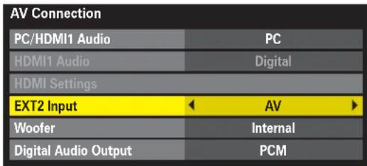 AV Connection PC/HDMI1 Audio PC HDMI1 Audio Digital HDMI Settings EXT2 Input AV Woofer Internal Digital Audio Output PCM