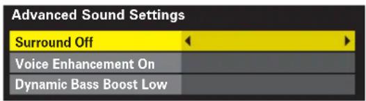 Advanced Sound Settings Surround Off Voice Enhancement On Dynamic Bass Boost Low