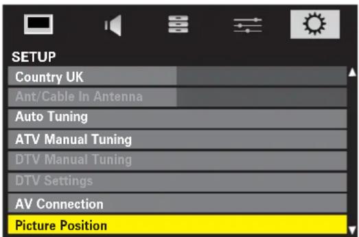 SETUP Country UK Ant/Cable In Antenna Auto Tuning ATV Manual Tuning DTV Manual Tuning DTV Settings AV Connection Picture Position