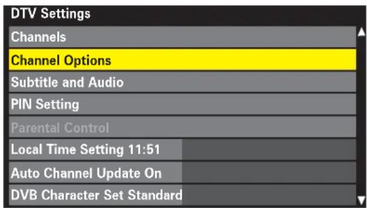 DTV Settings Channels Channel Options Subtitle and Audio PIN Setting Parental Control Local Time Setting 11:51 Auto Channel Update On DVB Character Set Standard
