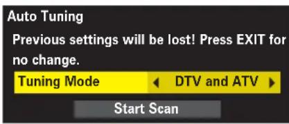 Auto Tuning Previous settings will be lost! Press EXIT for no change. Tuning Mode ← DTV and ATV → Start Scan