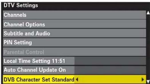 DTV Settings Channels Channel Options Subtitle and Audio PIN Setting Parental Control Local Time Setting 11:51 Auto Channel Update On DVB Character Set Standard
