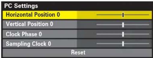 PC Settings Horizontal Position 0 ———— I ———— Vertical Position 0 ———— I ———— Clock Phase 0 ———— I ———— Sampling Clock 0 ———— I ———— Reset