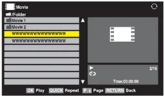 Movie /Folder Movie 1 Movie 2 wwwwwwwwwwwwwwwww wwwwwwwwwwwwwwwww 2/16 Time:00:00:00 OK Play QUICK Repeat Page RETURN Back