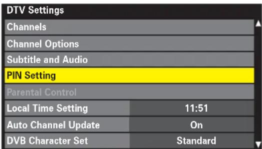 DTV Settings Channels Channel Options Subtitle and Audio PIN Setting Parental Control Local Time Setting 11:51 Auto Channel Update On DVB Character Set Standard