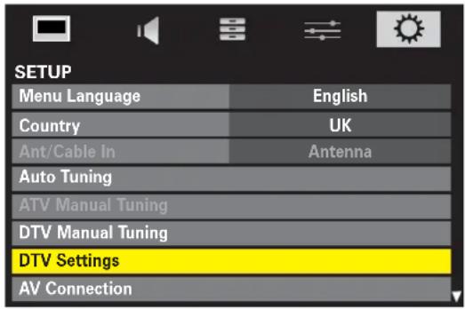 SETUP Menu Language English Country UK Ant/Cable In Antenna Auto Tuning ATV Manual Tuning DTV Manual Tuning DTV Settings AV Connection