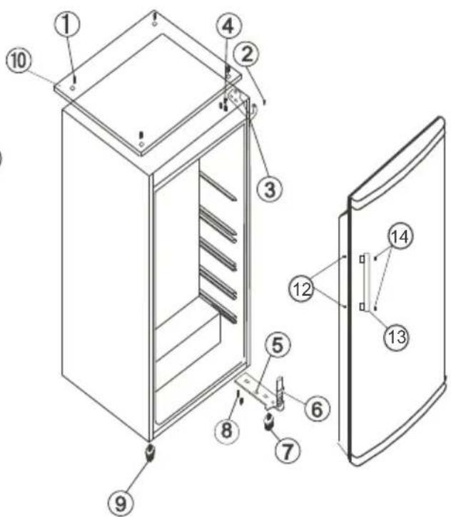 Technical diagram of a refrigerator with numbered components for identification and assembly reference.
