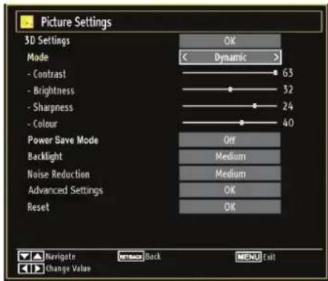 Picture Settings 3D Settings OK Mode < Dynamic > - Contrast 63 - Brightness 32 - Sharpness 24 - Colour 40 Power Save Mode Off Backlight Medium Noise Reduction Medium Advanced Settings OK Reset OK Navigate Next Back Menu Exit Change Value