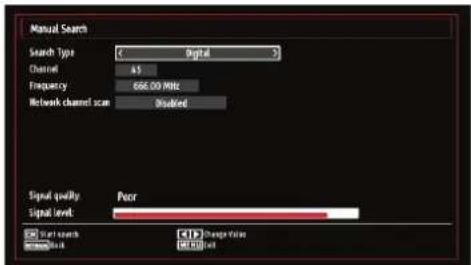 Manual Search Search Type: < Digital > Channel: 45 Frequency: 666.00 MHz Network channel scan: Disused Signal quality: Poor Signal level: Signal search Change Value OK Cancel