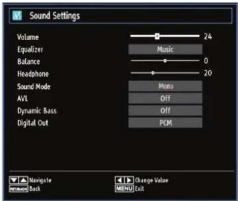 Sound Settings Volume 24 Equalizer Music Balance 0 Headphone 20 Sound Mode Mono AVL Off Dynamic Bass Off Digital Out PCM Navigate Back Change Value MENU Exit