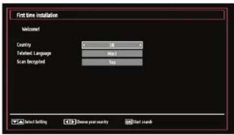 First Time Installation Welcome Country K ## 0 Telephone Language Mini Scan Receipt Yes Select Setting Close your country Start search